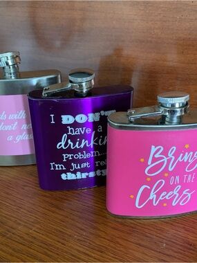 Bright Pink & Metallic Purple Stainless Steel Hip Flasks - Set of 3